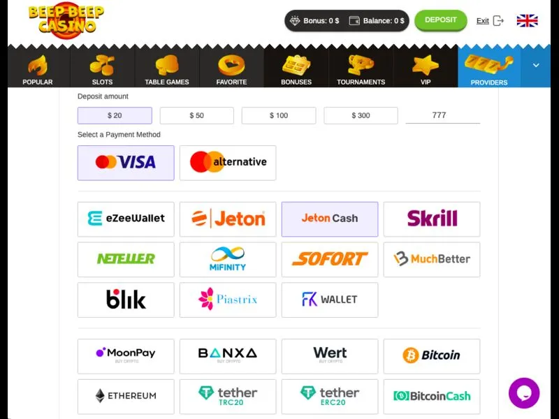 Depositar en Beep Beep Casino